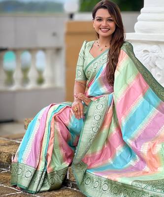 Green faux banarasi silk blend saree with blouse 2