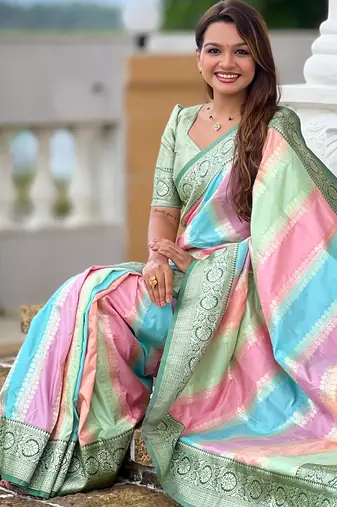 Green faux banarasi silk blend saree with blouse