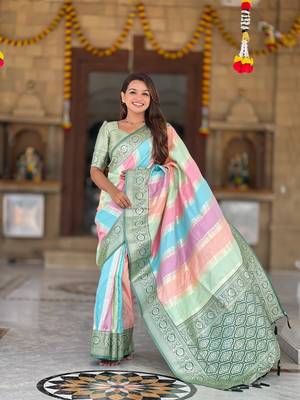Green faux banarasi silk blend saree with blouse 3