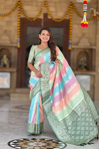 Green faux banarasi silk blend saree with blouse