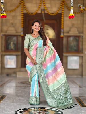 Green faux banarasi silk blend saree with blouse 4
