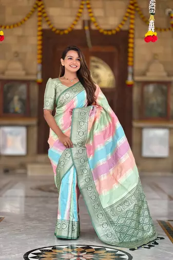 Green faux banarasi silk blend saree with blouse