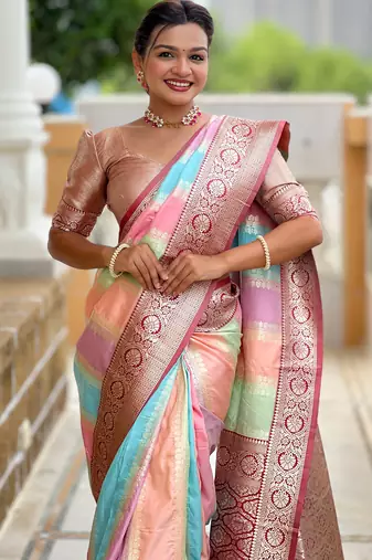 Maroon faux banarasi silk multi colour saree with all over zari weawing design
