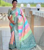 Teal faux banarasi silk blend saree with blouse