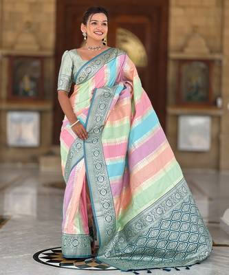 Teal faux banarasi silk blend saree with blouse 2