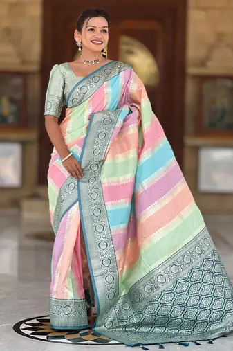 Teal faux banarasi silk blend saree with blouse