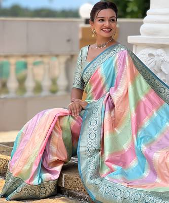 Teal faux banarasi silk blend saree with blouse 3