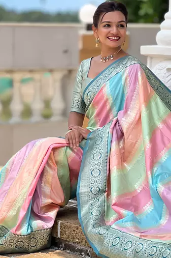 Teal faux banarasi silk blend saree with blouse