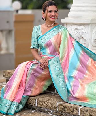 Sea green faux banarasi silk blend multi colour saree 2