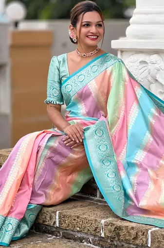Sea green faux banarasi silk blend multi colour saree