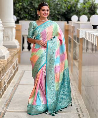 Sea green faux banarasi silk blend multi colour saree 3