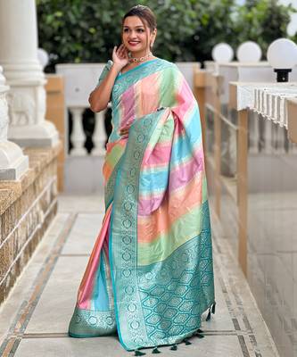 Sea green faux banarasi silk blend multi colour saree 4