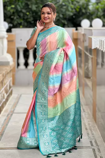 Sea green faux banarasi silk blend multi colour saree