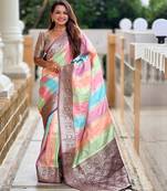 Wine faux banarasi silk blend saree with blouse