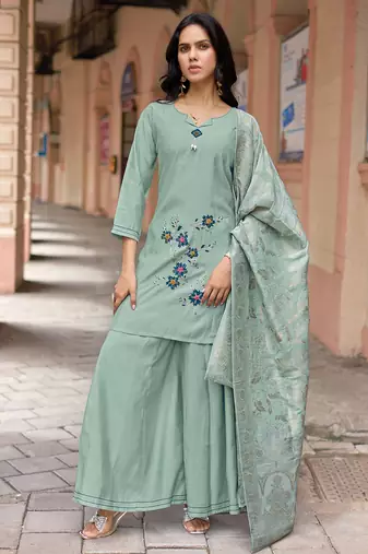 Women Russian Silk Work Hand & Thread straight  Kurta With Palazzo & Dupatta