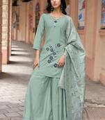 Women Russian Silk Work Hand & Thread straight  Kurta With Palazzo & Dupatta