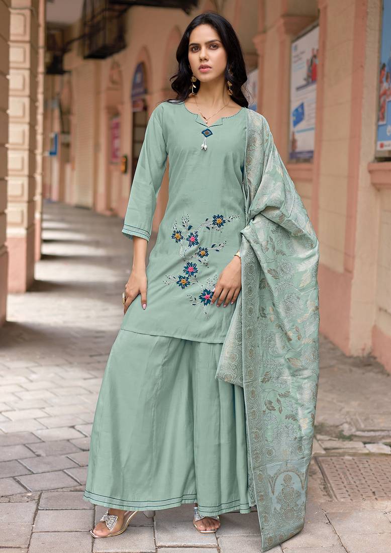 Women Russian Silk Work Hand & Thread straight  Kurta With Palazzo & Dupatta