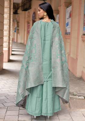 Women Russian Silk Work Hand & Thread straight  Kurta With Palazzo & Dupatta 2