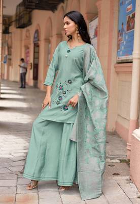 Women Russian Silk Work Hand & Thread straight  Kurta With Palazzo & Dupatta 3