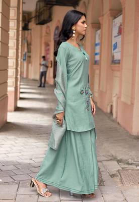 Women Russian Silk Work Hand & Thread straight  Kurta With Palazzo & Dupatta 4