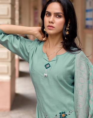 Women Russian Silk Work Hand & Thread straight  Kurta With Palazzo & Dupatta 5