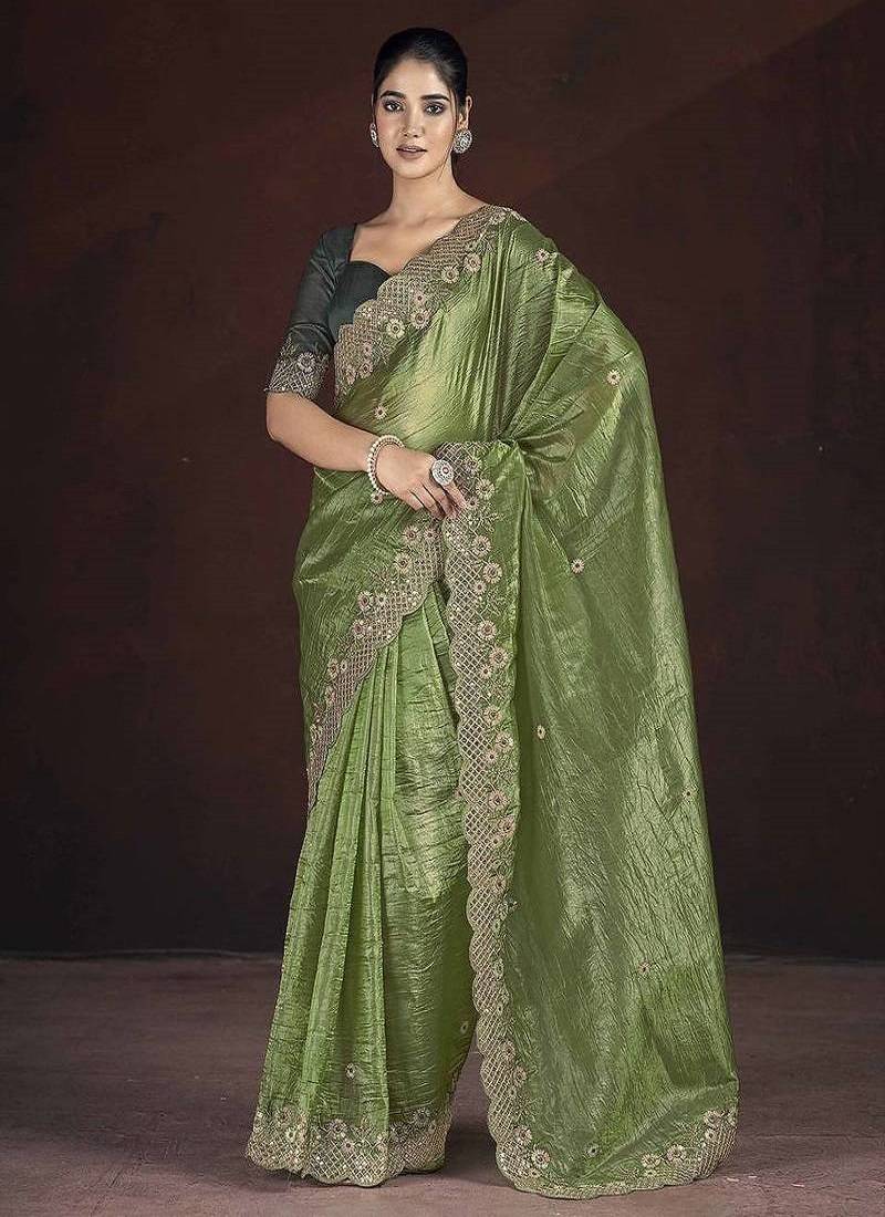 Green Color Fancy Fendy Satin Fabric Saree
