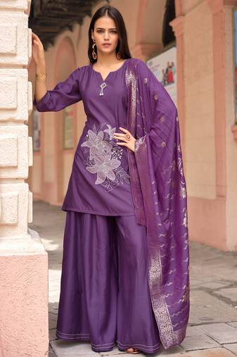 Women Russian Silk Work Hand & Thread straight  Kurta With Palazzo & Dupatta