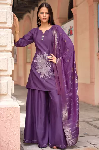 Women Russian Silk Work Hand & Thread straight  Kurta With Palazzo & Dupatta