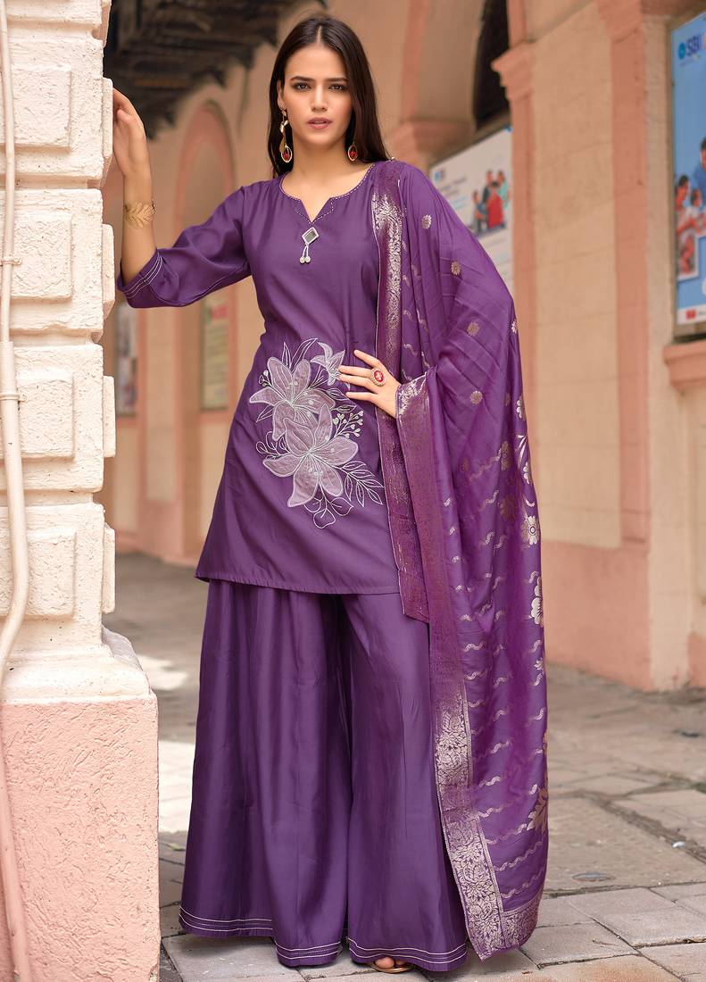 Women Russian Silk Work Hand & Thread straight  Kurta With Palazzo & Dupatta