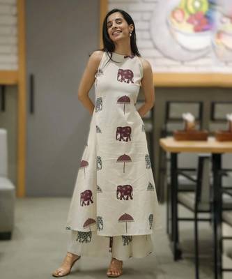 Off White Elephant Print Cotton Flex Co-Ord Set 1