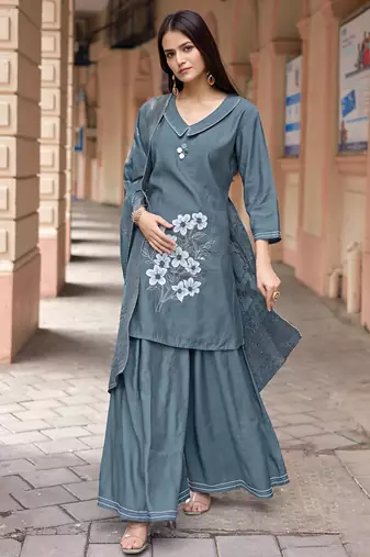 Women Russian Silk Work Hand & Thread straight  Kurta With Palazzo & Dupatta