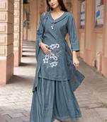 Women Russian Silk Work Hand & Thread straight  Kurta With Palazzo & Dupatta
