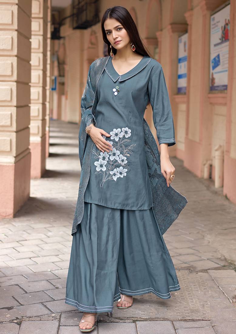 Women Russian Silk Work Hand & Thread straight  Kurta With Palazzo & Dupatta