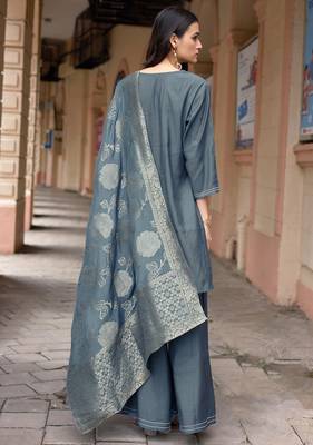 Women Russian Silk Work Hand & Thread straight  Kurta With Palazzo & Dupatta 2