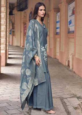 Women Russian Silk Work Hand & Thread straight  Kurta With Palazzo & Dupatta 4