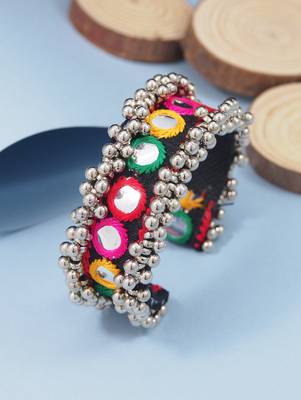 Silver plated traditional vibrant hand embroidered ghungroo kada adjustable bracelet for women (adb573) 1