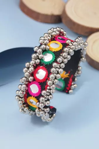 Silver plated traditional vibrant hand embroidered ghungroo kada adjustable bracelet for women (adb573)