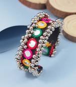 Silver plated traditional vibrant hand embroidered ghungroo kada adjustable bracelet for women (adb573)