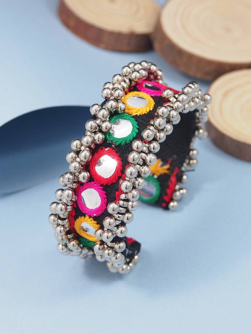 Silver plated traditional vibrant hand embroidered ghungroo kada adjustable bracelet for women (adb573)