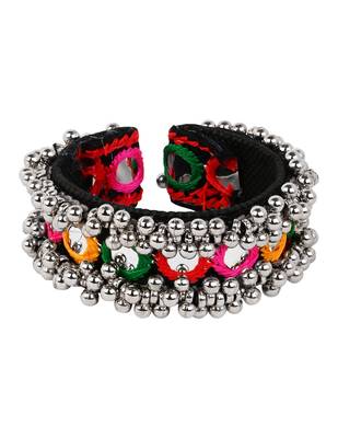 Silver plated traditional vibrant hand embroidered ghungroo kada adjustable bracelet for women (adb573) 2