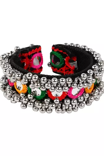 Silver plated traditional vibrant hand embroidered ghungroo kada adjustable bracelet for women (adb573)