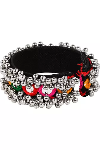 Silver plated traditional vibrant hand embroidered ghungroo kada adjustable bracelet for women (adb573)