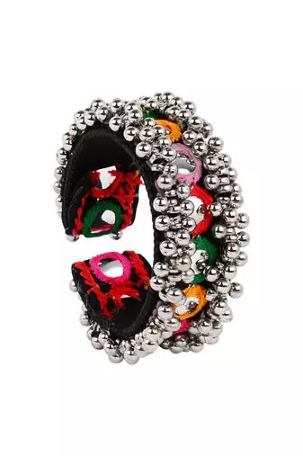 Silver plated traditional vibrant hand embroidered ghungroo kada adjustable bracelet for women (adb573)