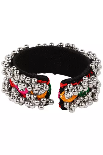 Silver plated traditional vibrant hand embroidered ghungroo kada adjustable bracelet for women (adb573)