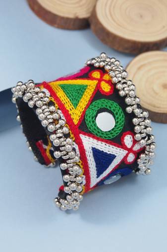 Oxidised silver plated multicolor thread handcrafted bracelet with mirror work (adb576)