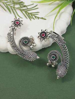 Silver plated handcrafted oxidised floral ear cuffs with intricate detailing for women (e3395ox) 1