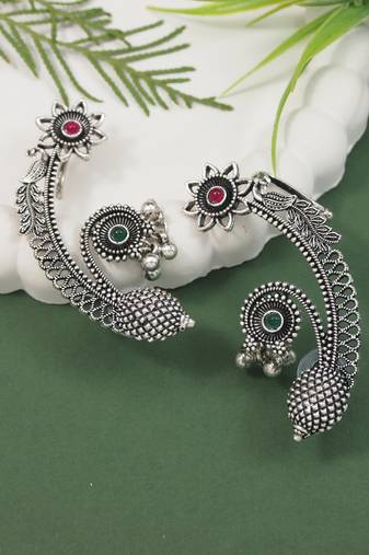 Silver plated handcrafted oxidised floral ear cuffs with intricate detailing for women (e3395ox)