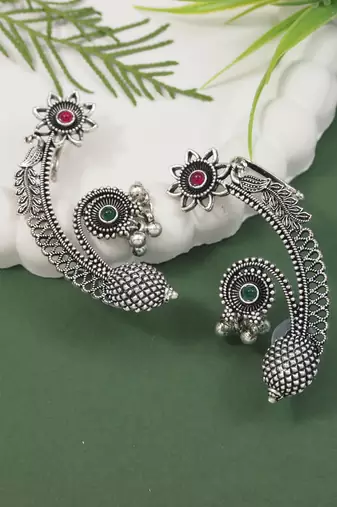 Silver plated handcrafted oxidised floral ear cuffs with intricate detailing for women (e3395ox)