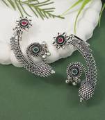 Silver plated handcrafted oxidised floral ear cuffs with intricate detailing for women (e3395ox)