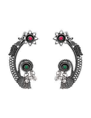 Silver plated handcrafted oxidised floral ear cuffs with intricate detailing for women (e3395ox) 2